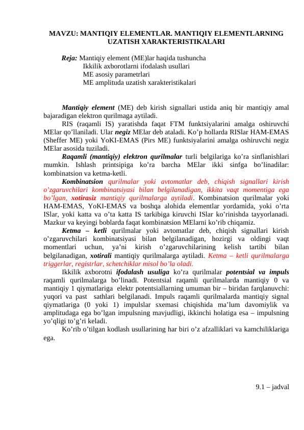 MANTIQIY ELEMENTLAR. MANTIQIY ELEMENTLARNING UZATISH XARAKTERISTIKALARI