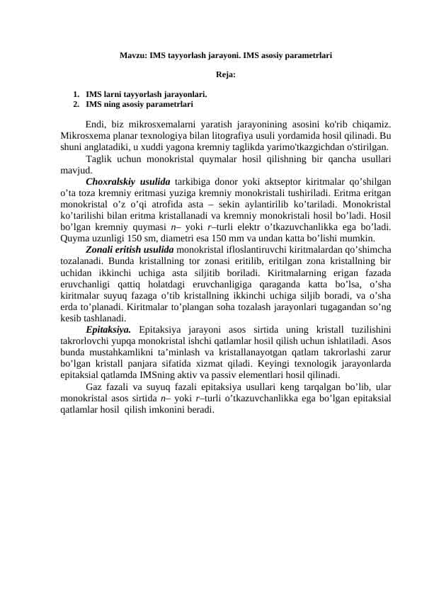 IMS tayyorlash jarayoni. IMS asosiy parametrlari