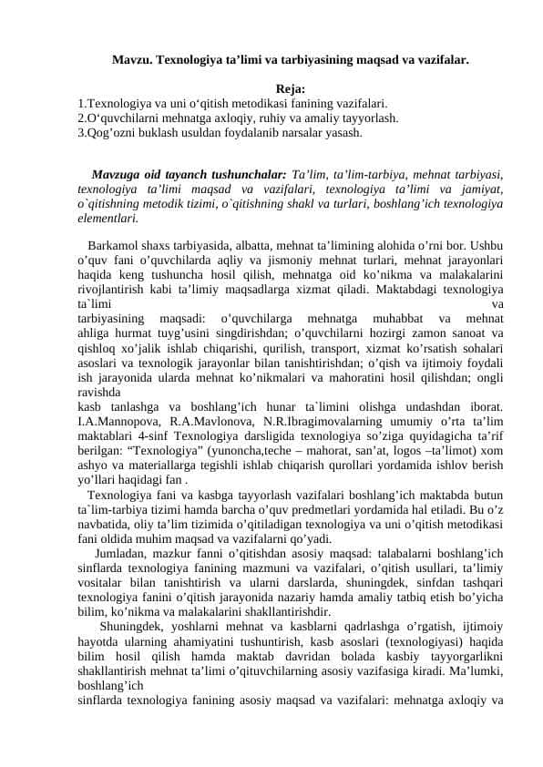 Texnologiya ta’limi va tarbiyasining maqsad va vazifalar