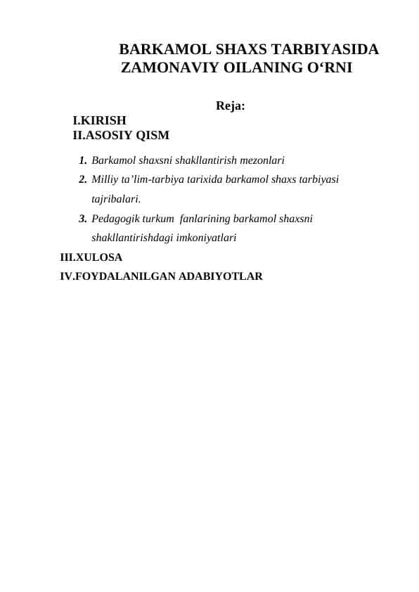 BARKAMOL SHAXS TARBIYASIDA ZAMONAVIY OILANING O‘RNI