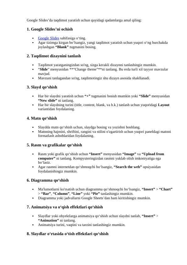 Google Slides va Google Sheetsda ishlash bo'yicha qisqacha yo'riqnoma