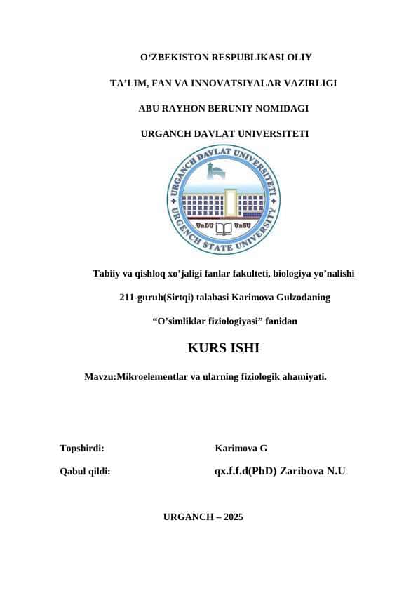 Mikroelementlar va ularning fiziologik ahamiyati.