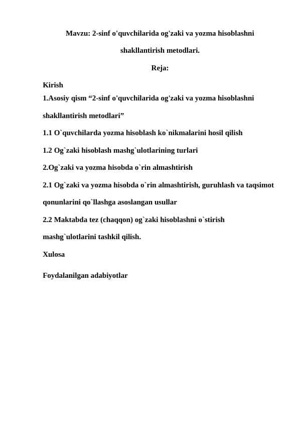 2-sinf o'quvchilarida og'zaki va yozma hisoblashni shakllantirish metodlari