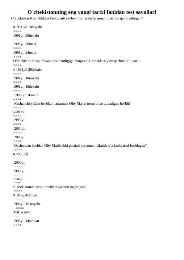 O`zbekistonning eng yangi tarixi fanidan test savollari va javoblari