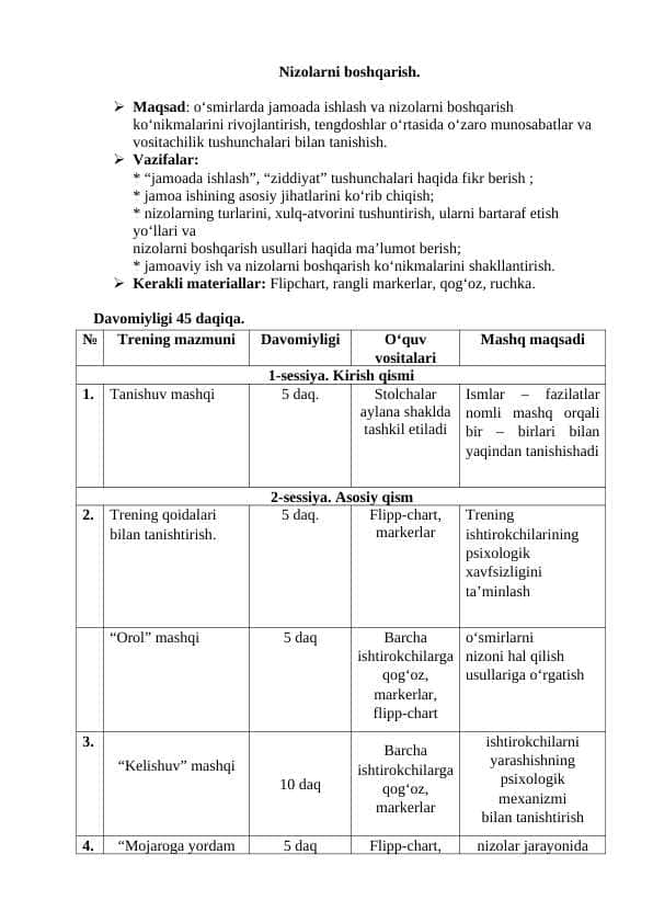 "Nizolarni boshqarish" Trening ishlanma