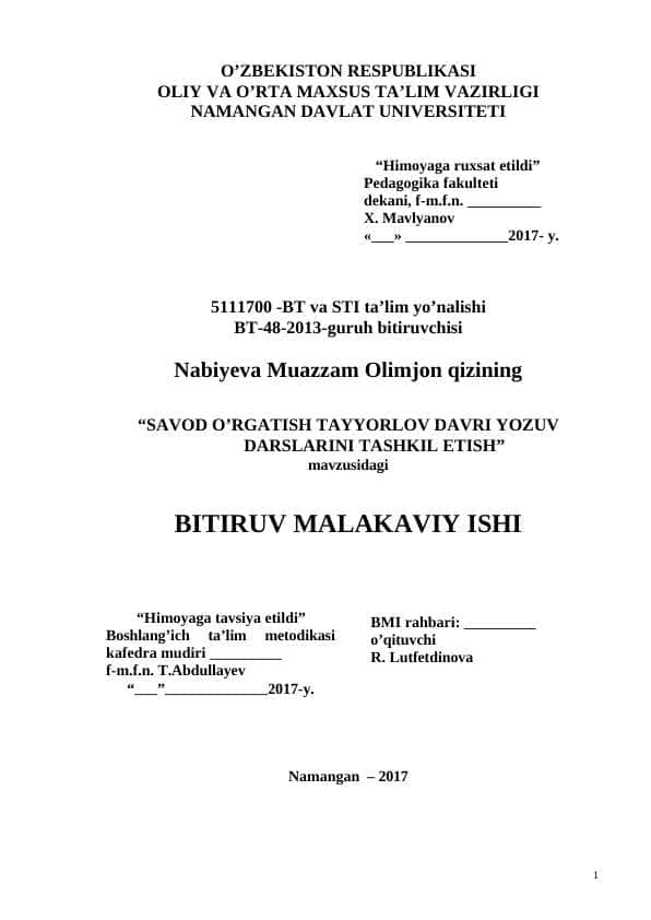 SAVOD O’RGATISH TAYYORLOV DAVRI YOZUV DARSLARINI TASHKIL ETISH