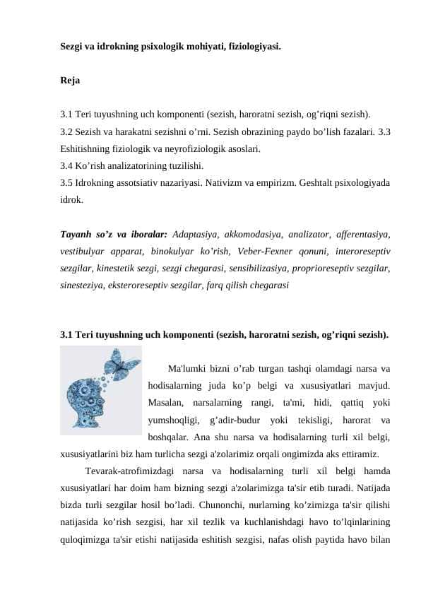 Sezgi va idrokning psixologik mohiyati, fiziologiyasi.