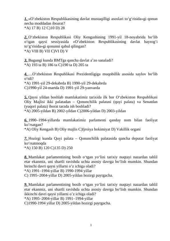 O'zbekistonning eng yangi tarixidan test savollari, javoblari bilan