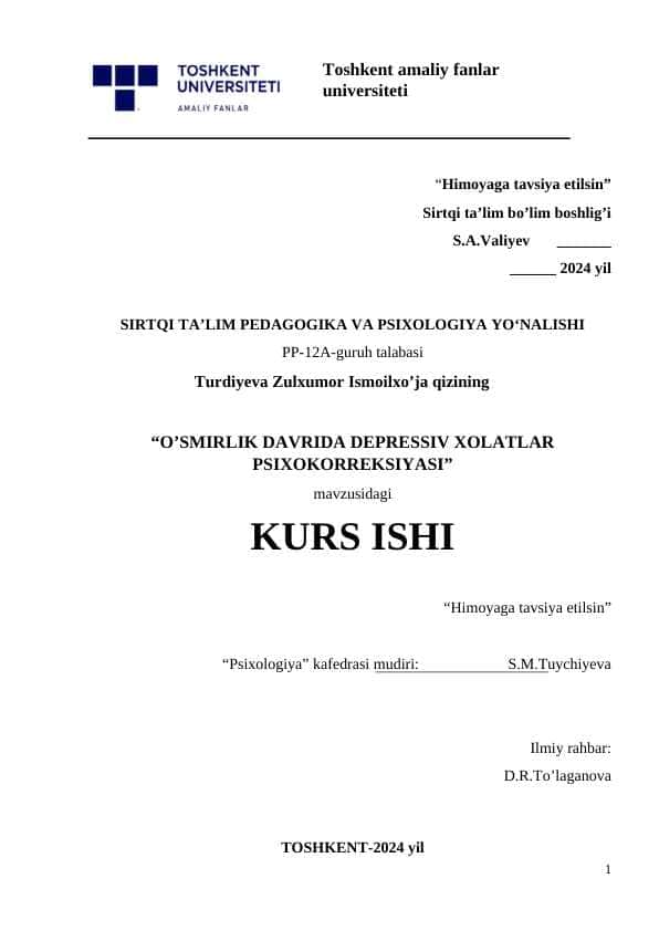 O’smirlik davrida depressiv xolatlar psixokorreksiyasi