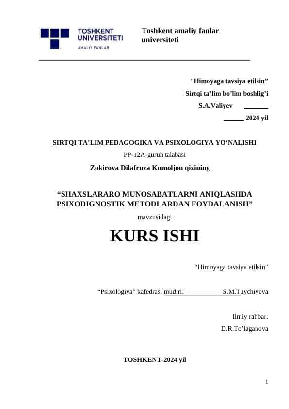 Shaxslararo munosabatlarni aniqlashda psixodignostik metodlardan foydalanish