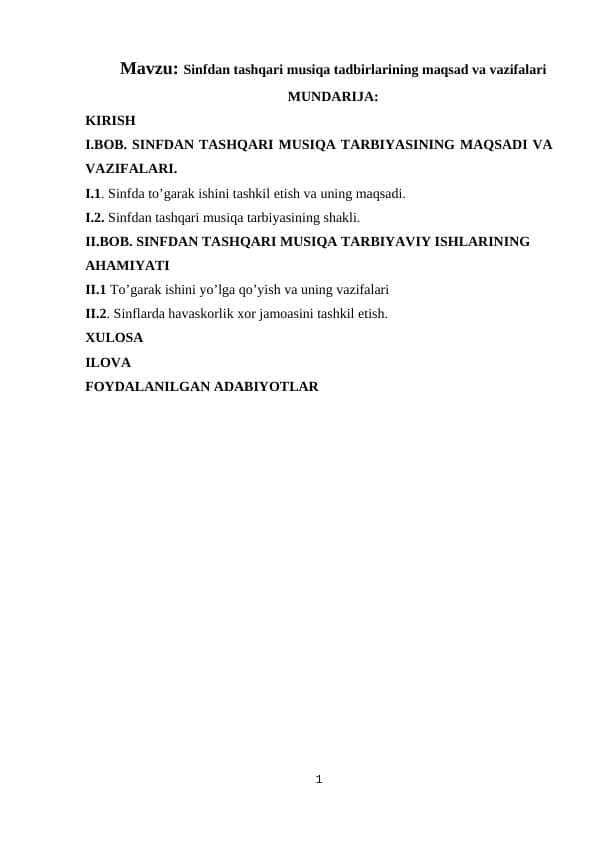 Sinfdan tashqari musiqa tadbirlarining maqsad va vazifalari