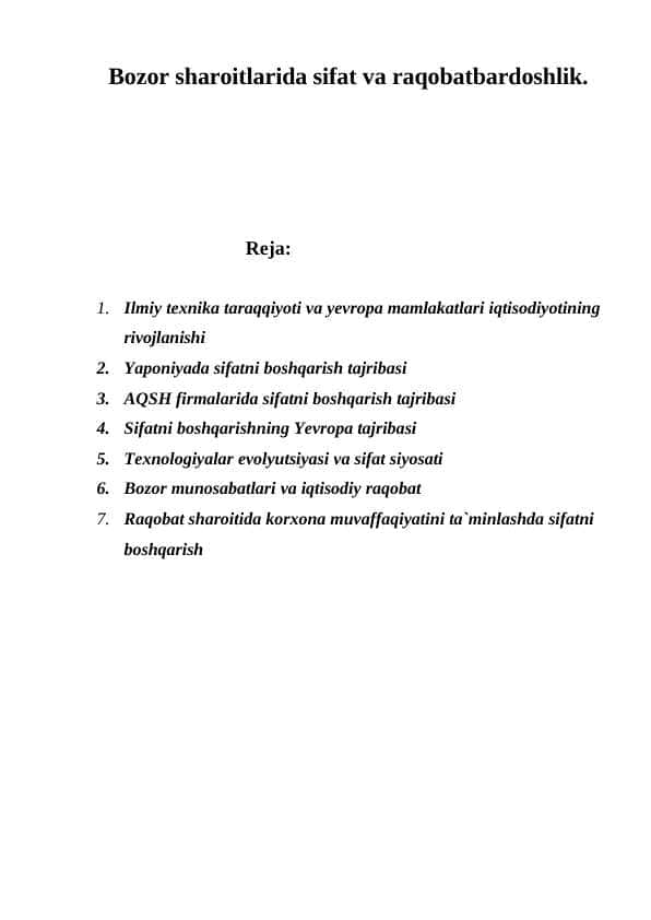 Bozor sharoitlarida sifat va raqobatbardoshlik.