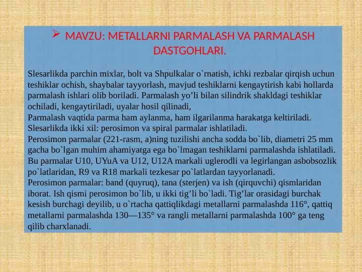 METALLARNI PARMALASH VA PARMALASH DASTGOHLARI