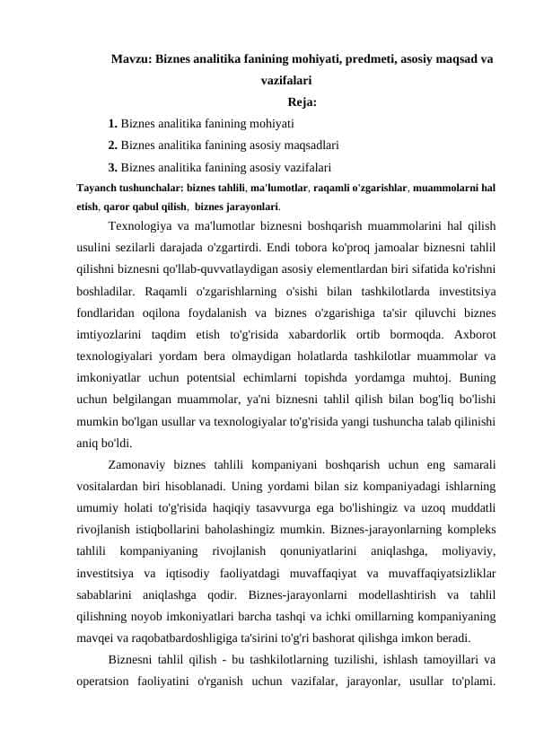 Biznes analitika fanining mohiyati, predmeti, asosiy maqsad va vazifalari