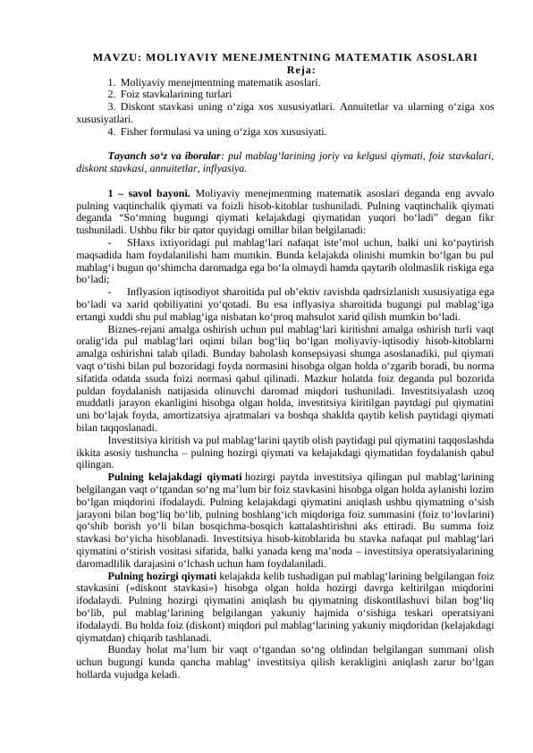 MOLIYAVIY MENEJMENTNING MATEMATIK ASOSLARI