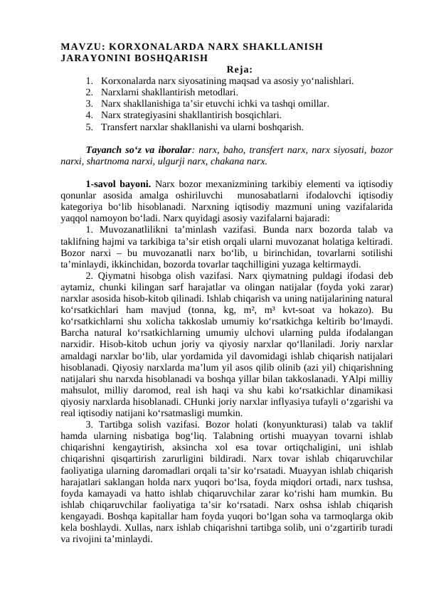 KORXONALARDA NARX SHAKLLANISH JARAYONINI BOSHQARISH
