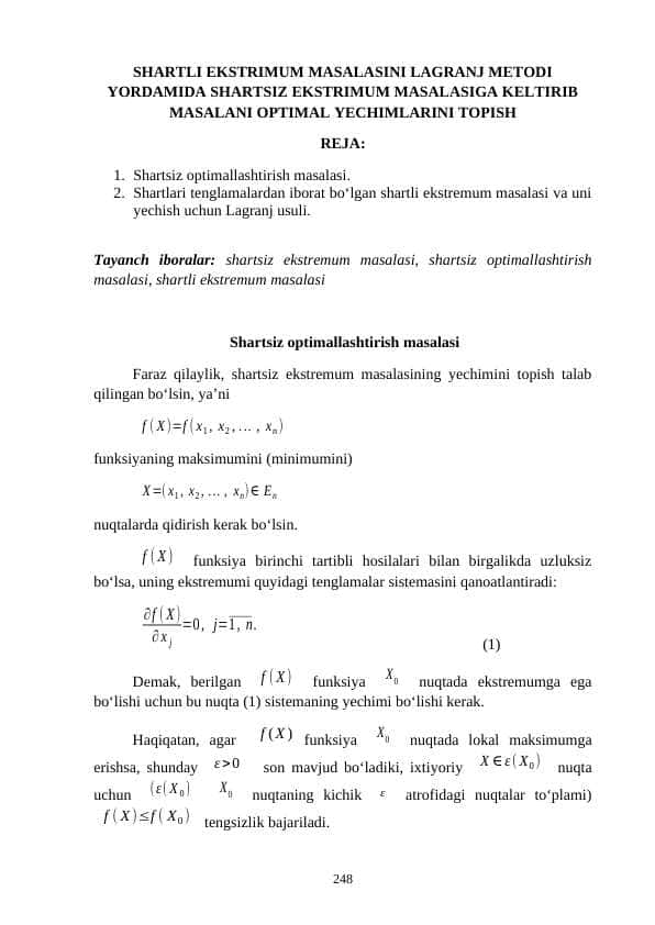 SHARTLI EKSTRIMUM MASALASINI LAGRANJ METODI YORDAMIDA SHARTSIZ EKSTRIMUM MASALASIGA KELTIRIB MASALANI OPTIMAL YECHIMLARINI TOPISH