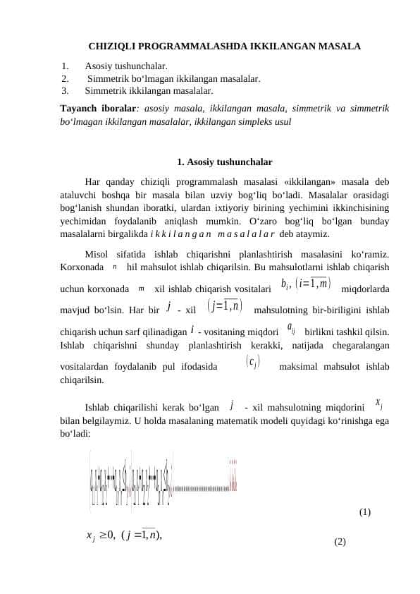 CHIZIQLI PROGRAMMALASHDA IKKILANGAN MASALA
