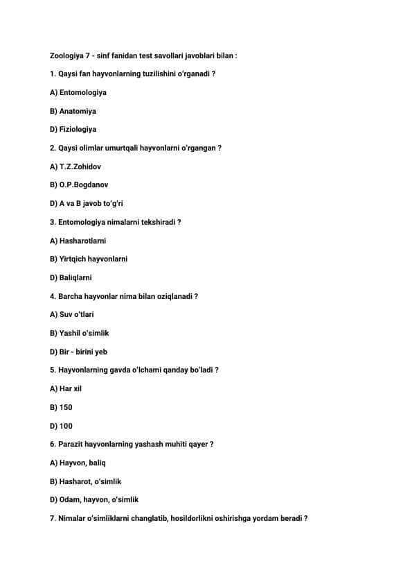 Zoologa fanidan test savollari / 7-sinf
