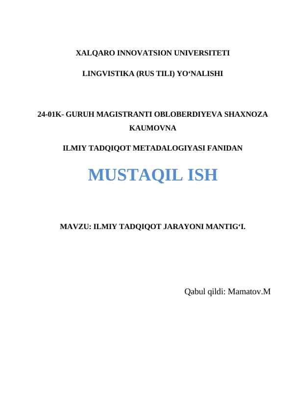 ILMIY TADQIQOT JARAYONI MANTIG‘I