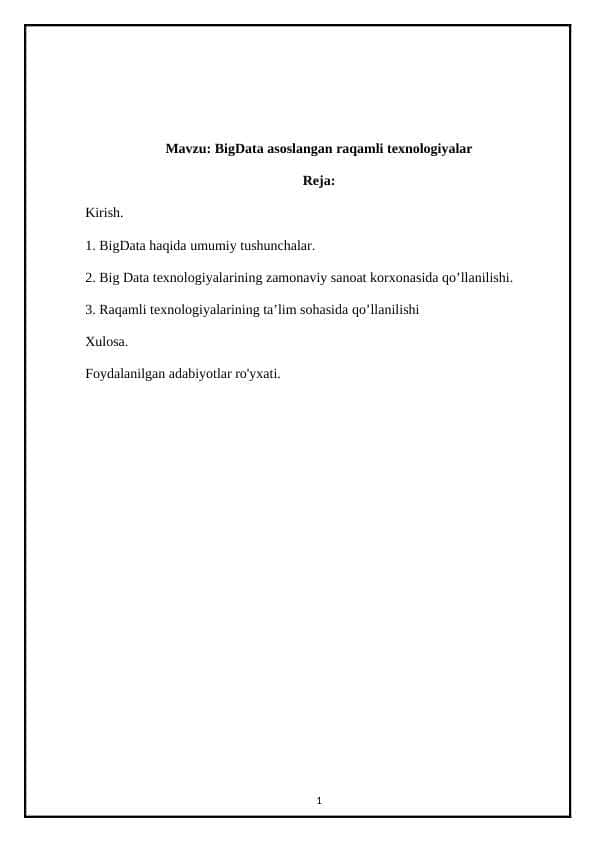 BigData asoslangan raqamli texnologiyalar. Referat