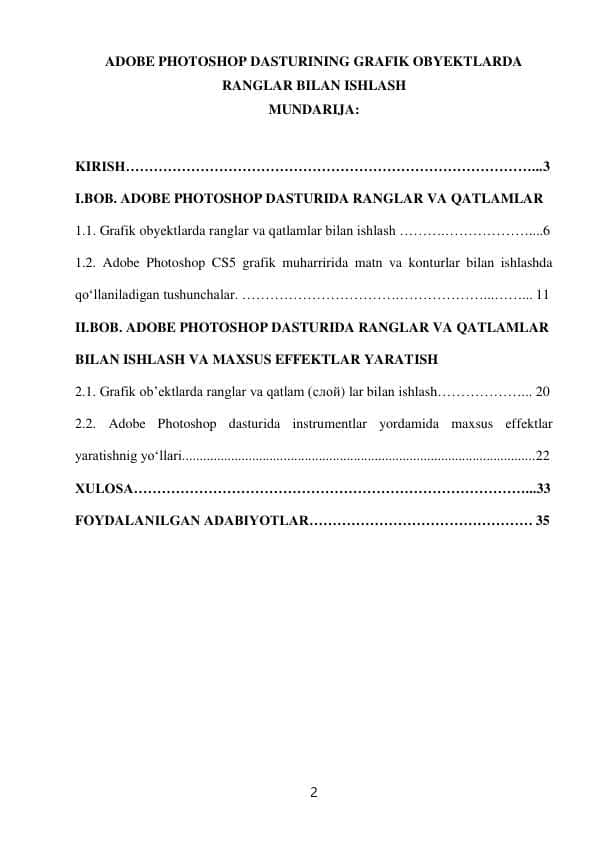 ADOBE PHOTOSHOP DASTURINING GRAFIK OBYEKTLARDA RANGLAR BILAN ISHLASH