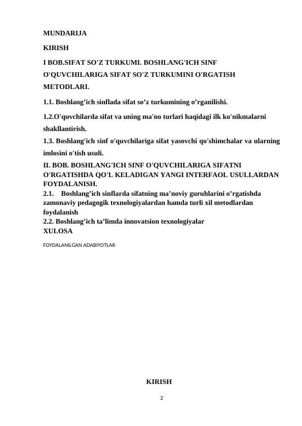 Boshlangʻich sinflarda sifatni oʻrgatish metodikasi