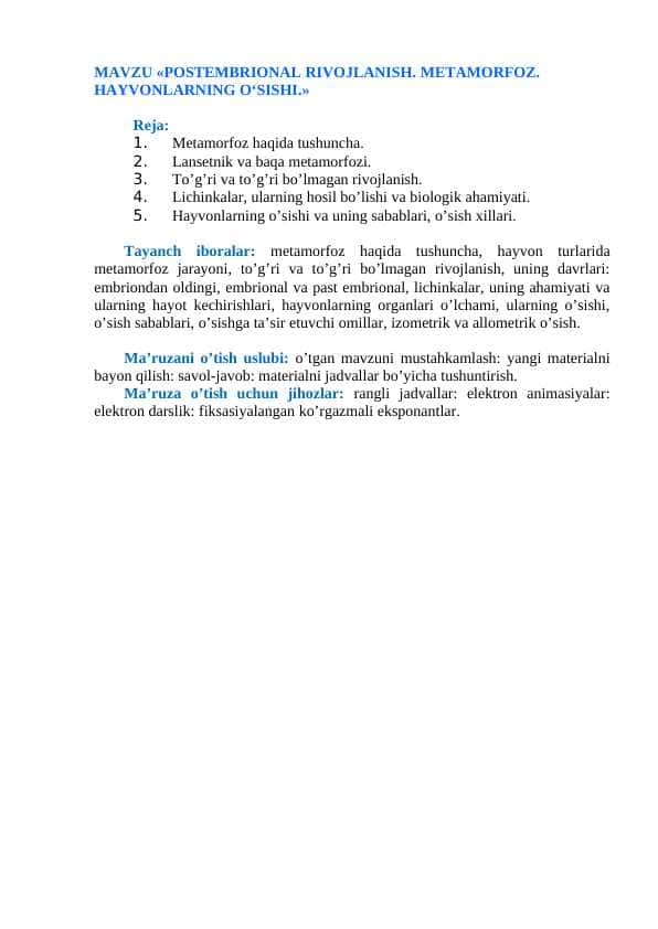 POSTEMBRIONAL RIVOJLANISH. METAMORFOZ. HAYVONLARNING O‘SISHI