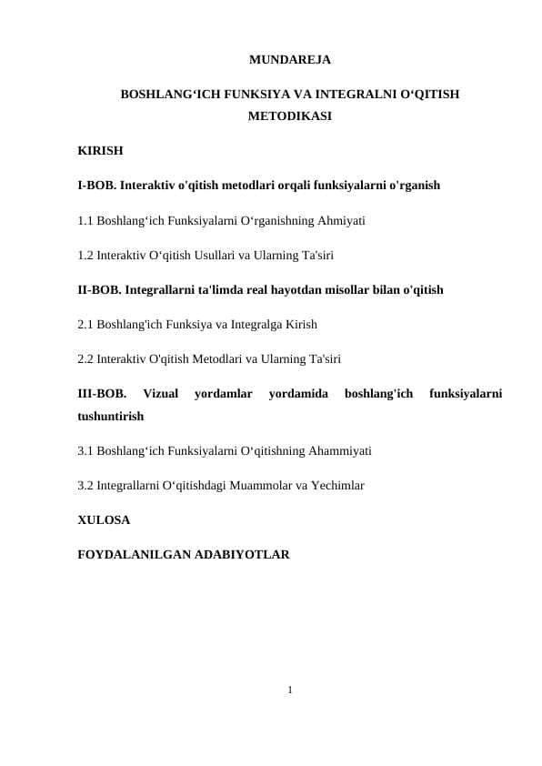 BOSHLANGʻICH FUNKSIYA VA INTEGRALNI OʻQITI... matematika kurs ishi ishlanmasi