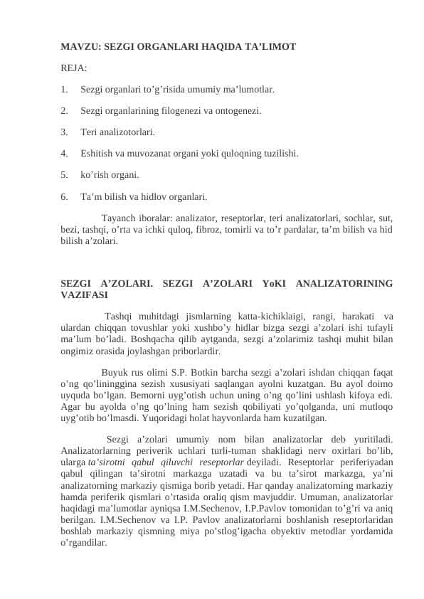 SEZGI ORGANLARI HAQIDA TA’LIMOT