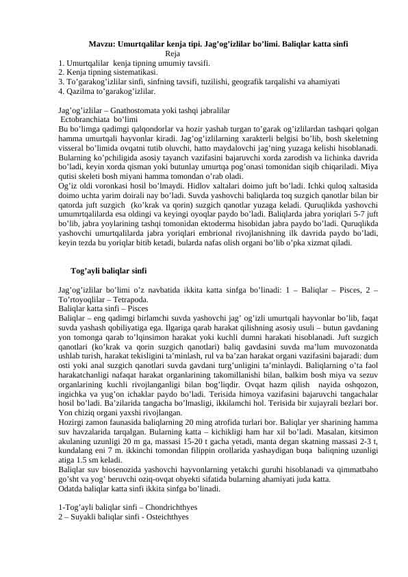 Umurtqalilar kenja tipi. Jag’og’izlilar bo’limi. Baliqlar katta sinfi