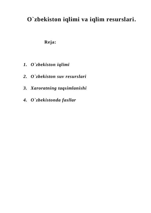 O`zbekiston iqlimi va iqlim resurslari.