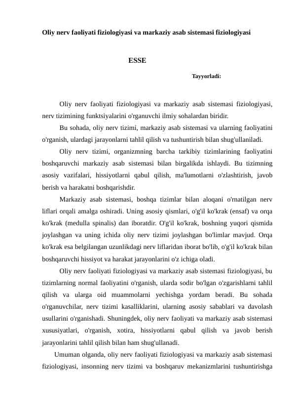 Oliy nerv faoliyati fiziologiyasi va markaziy asab sistemasi fiziologiyasi
