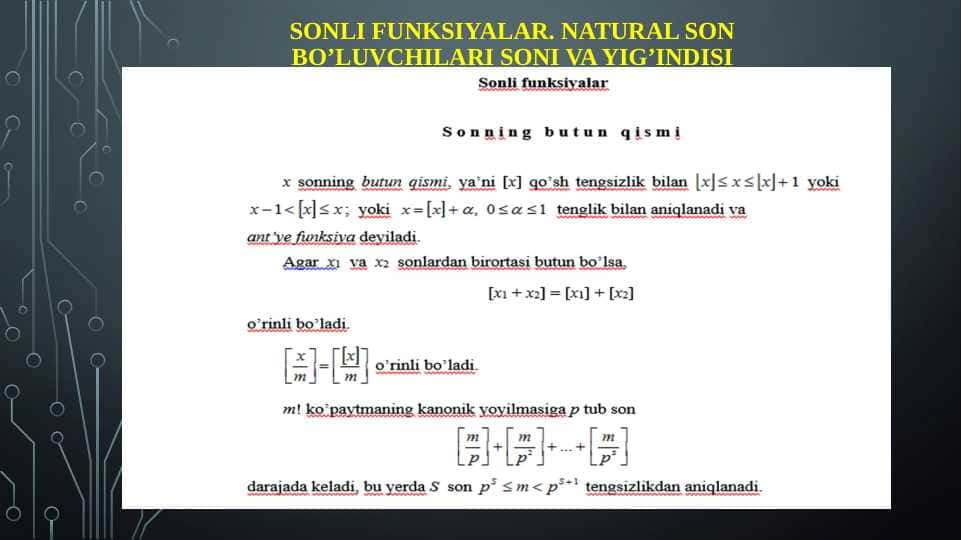Sonli funksiyalar. Natural son bo’luvchilari soni va yig’indisi