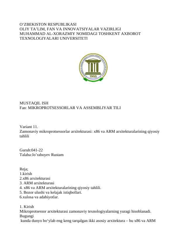 Zamonaviy mikroprotsessorlar arxitekturasi: x86 va ARM arxitekturalarining qiyosiy tahlili