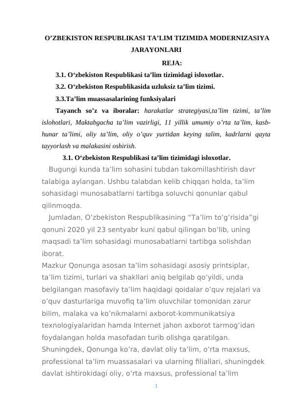 O’ZBEKISTON RESPUBLIKASI TA’LIM TIZIMIDA MODERNIZASIYA JARAYONLARI