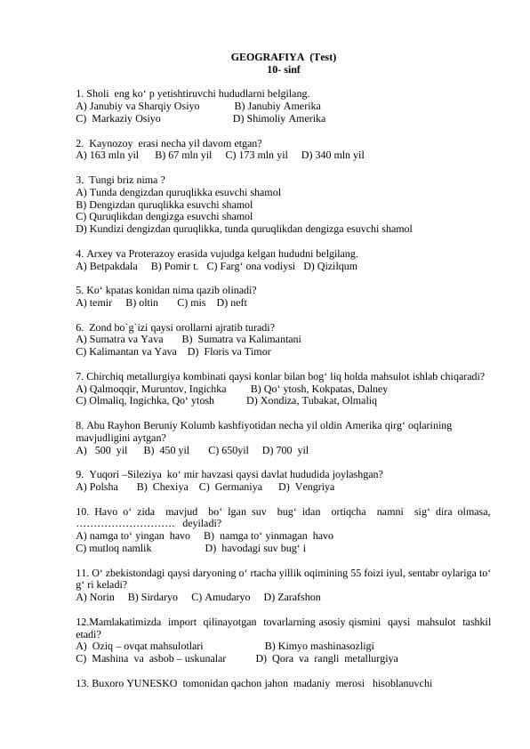 10 sinf GEOGRAFIYA test
