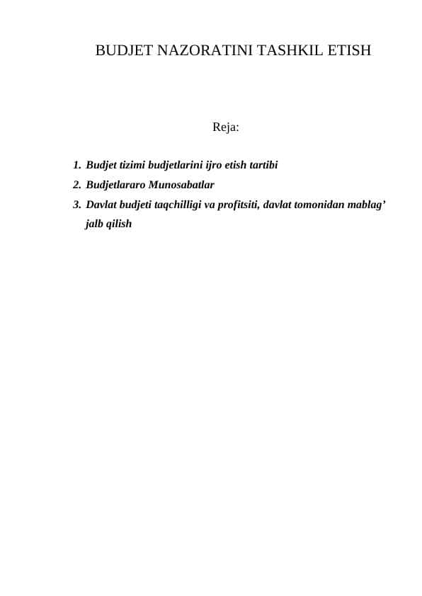 BUDJET NAZORATINI TASHKIL ETISH