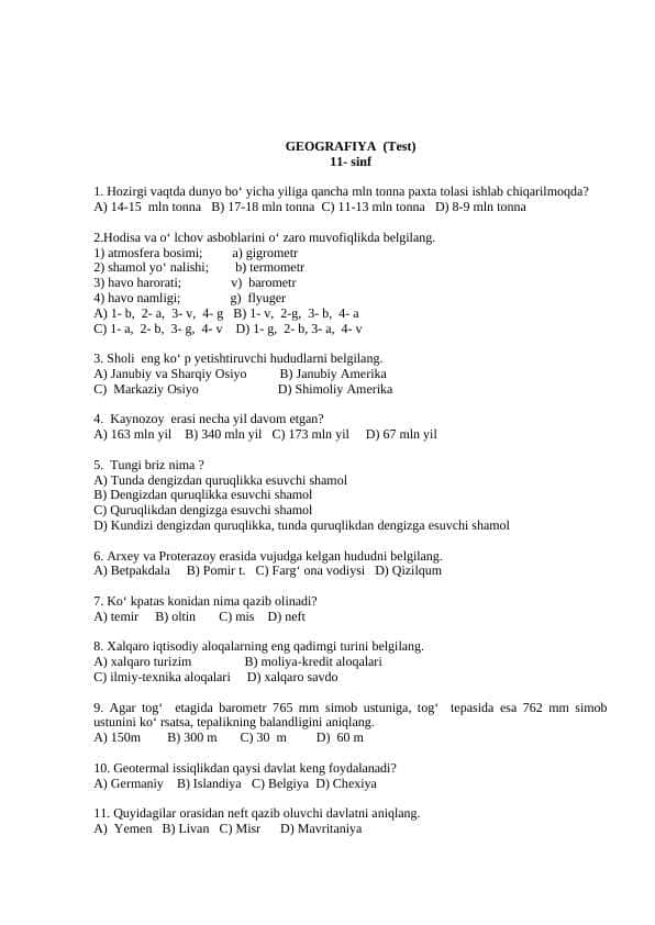 11 sinf GEOGRAFIYA test