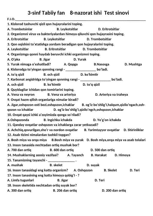 3-sinf Tabiiy fan 8-nazorat ishi Test sinovi