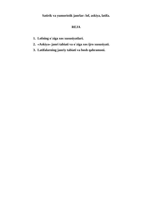 Satirik va yumoristik janrlar lof, askiya, latifa
