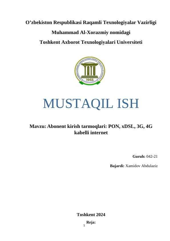 Abonent kirish tarmoqlari PON, xDSL, 3G, 4G kabelli internet.docx