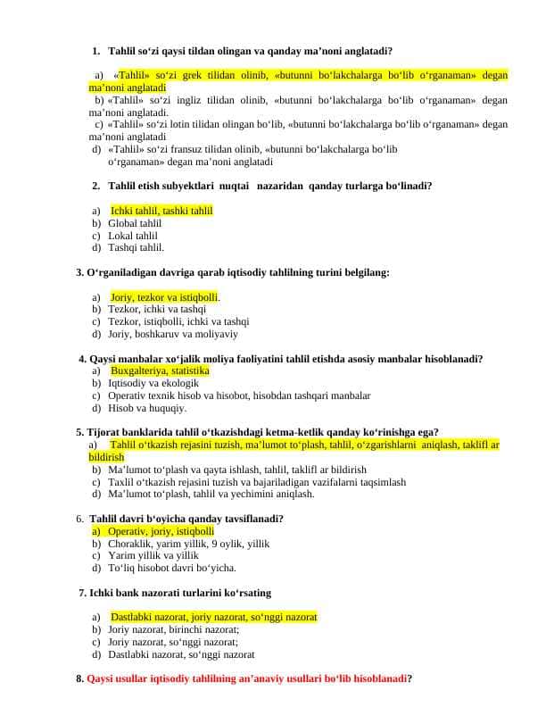Bank tahlil test javoblari bilan