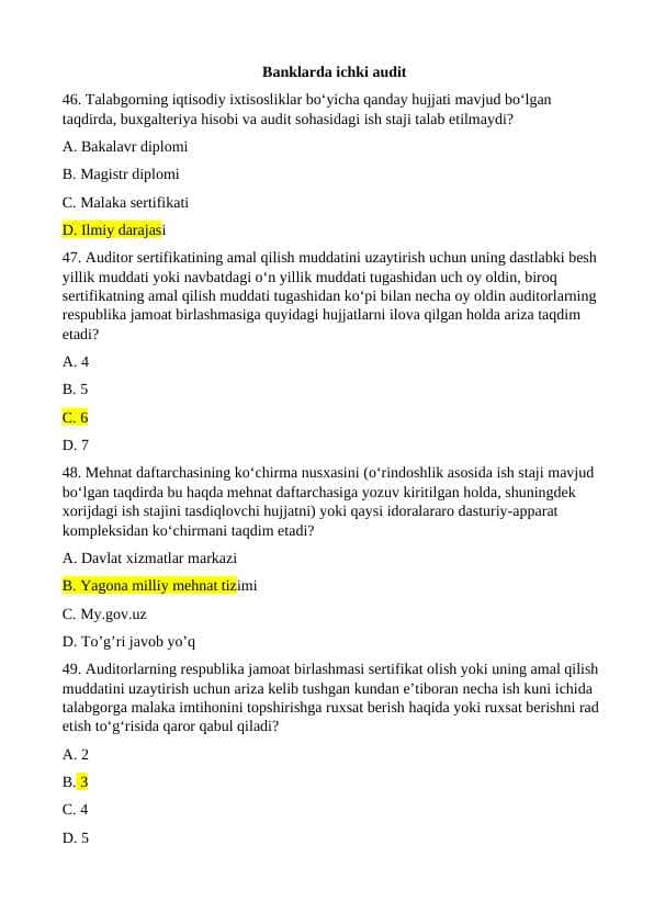Audit test javoblari bilan