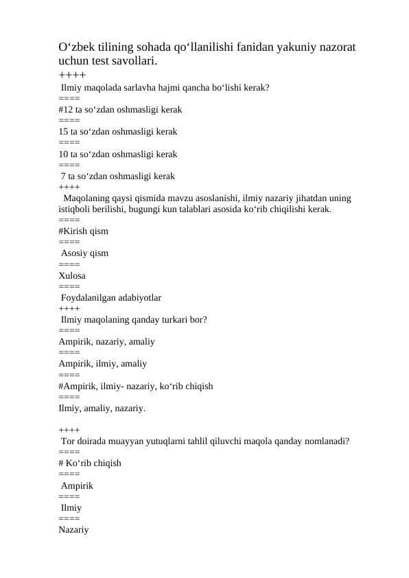Oʻzbek tili test javoblari bilan