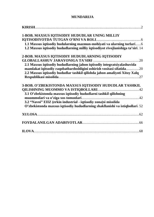 MAXSUS IQTISODIY HUDUDLAR, UNING MILLIY IQTISODIYOTDA TUTGAN O’RNI VA ROLI