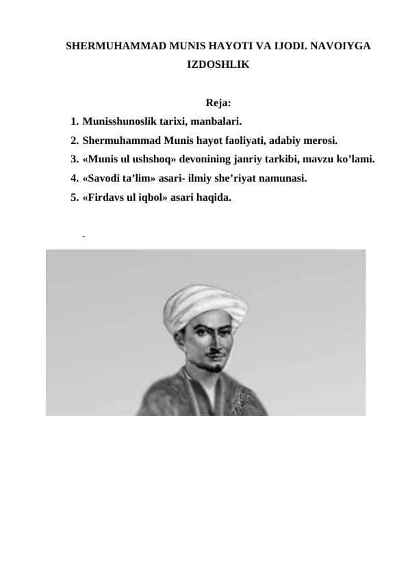 SHERMUHAMMAD MUNIS HAYOTI VA IJODI