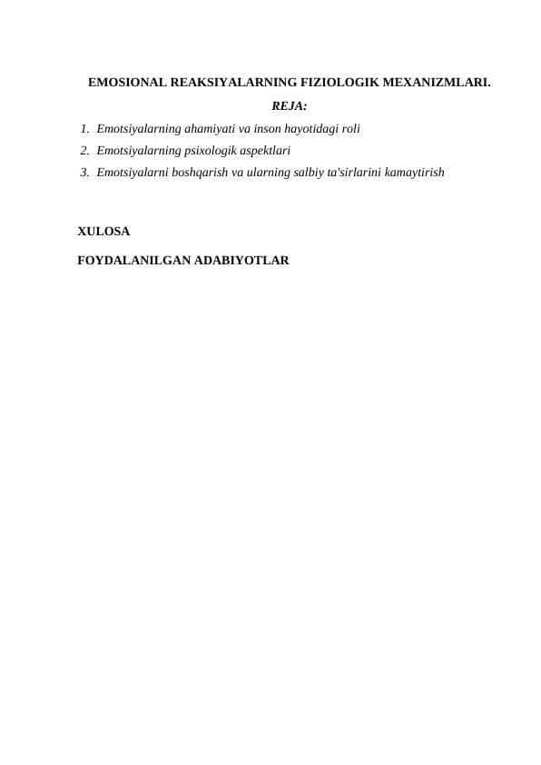 EMOSIONAL REAKSIYALARNING FIZIOLOGIK MEXANIZMLARI.