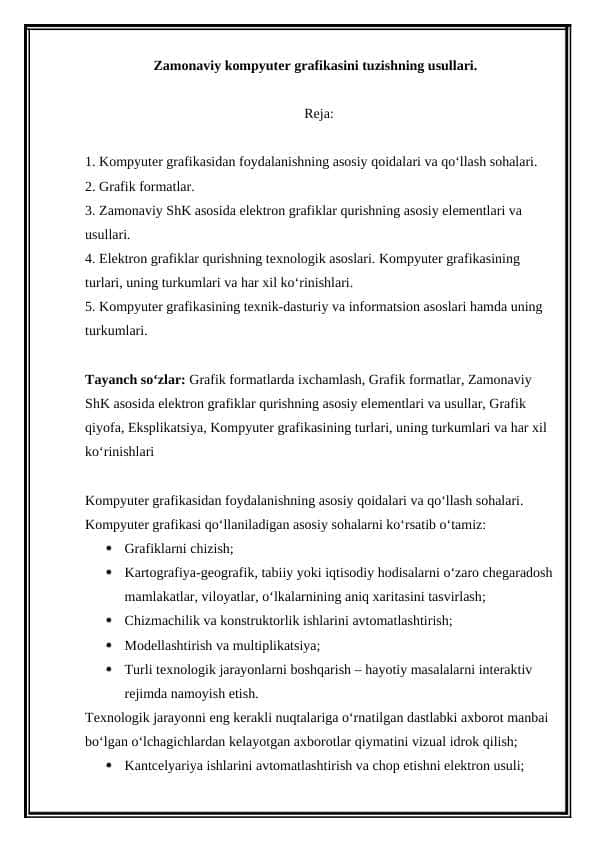Zamonaviy kompyuter grafikasini tuzishning usullari