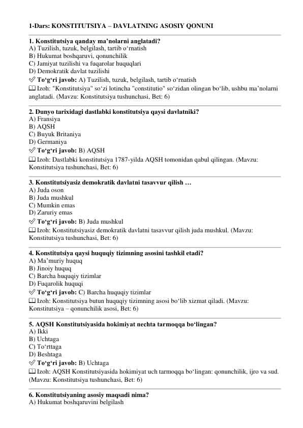 9-sinf yangi huquq darsligi 1-9 mavzular bo'yicha mavzulashtirilgan testlar javobi bilan.